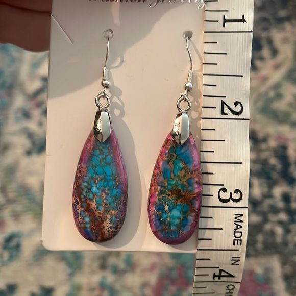 New Gorgeous Emperor Stone Drop Earrings Pink Purple Blue Semi Precious Boho - Picture 5 of 5